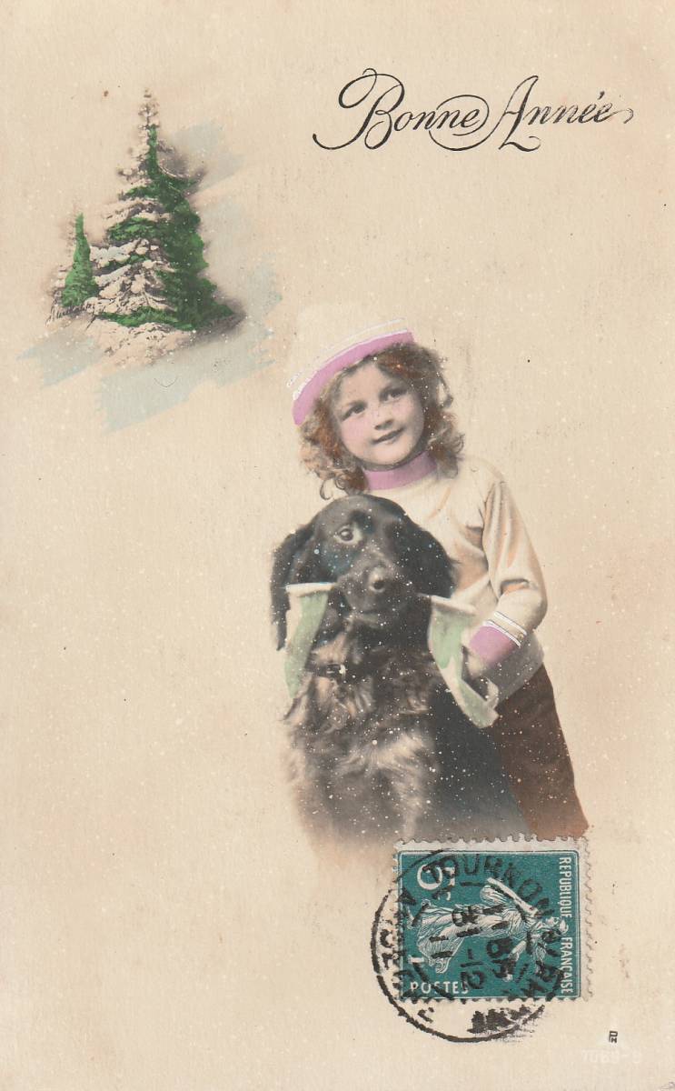 Carte postale ancienne, Fille et chien de Noël, Documents imprimés, Carte postale, Carte postale, autres
