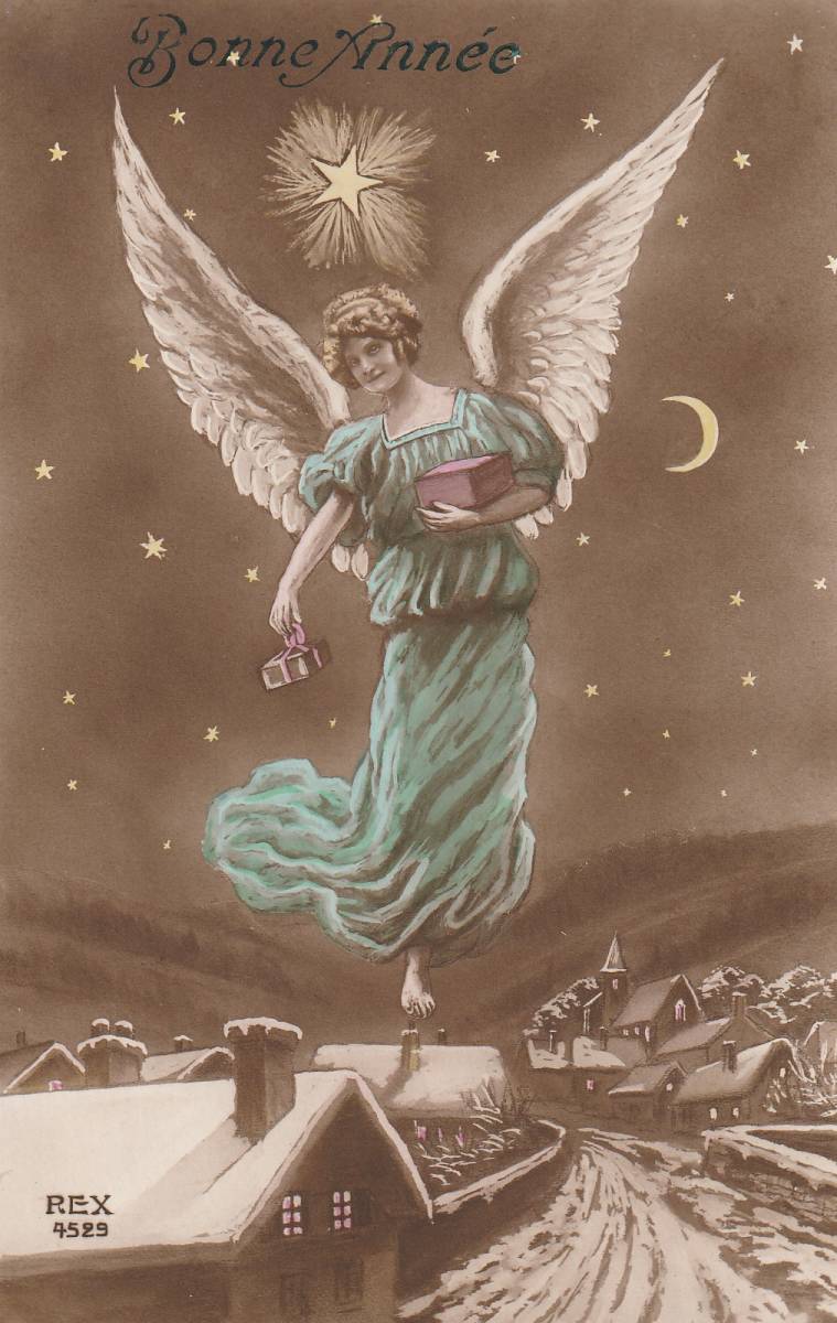 Antique postcard picture postcard Beautiful angel with Christmas presents, printed matter, postcard, Postcard, others