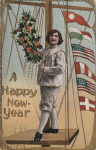 アンティークポストカード　絵葉書　国旗と新年を祝う少女