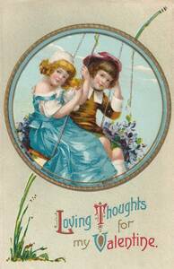 アンティークポストカード　絵葉書　ブランコで遊ぶ少年少女とすみれの花