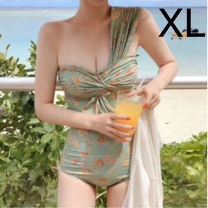 海外 インポート 韓国 ワンピース 水着 XL フラワー ワンショル 花柄 グリーン くすみカラー