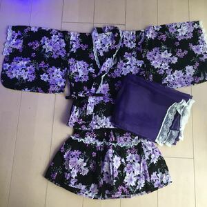 美品　浴衣　浴衣ワンピース　フリル　女の子　１３０　二部式　甚平　紫パープル　お花フラワー