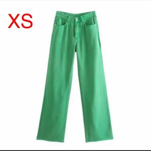 ワイドカラーデニムパンツ グリーン フルレングス ZARA GU