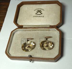  cuffs button # crystal glass Gold metal fittings plain wood shop general merchandise shop te part Taisho? Showa era box case equipped ...K9