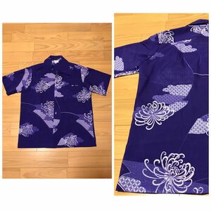 美品☆HAWAII.USA製／～70sUnknown S大き目 希少.茄子紺色&和柄.菊 古風模様総柄・オリジナルビンテージ 半袖アロハシャツ Japanese VTG