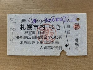 硬券 100 A型 一般式 乗車券 国鉄 マル職 釧路から札幌市内ゆき 2100円 昭和55年 No.0100