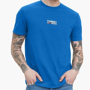 S 【USA正規品】 トミージーンズ TOMMY JEANS ベーシック 半袖 Tシャツ ワンポイント 刺繍ロゴ コバルトブルー 綿100% アメリカンカレッジ