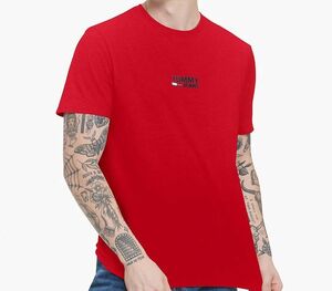 L 【USA正規品】 トミージーンズ TOMMY JEANS ベーシック 半袖 Tシャツ ワンポイント 刺繍ロゴ 赤 アメリカンカジュアル 綿100%