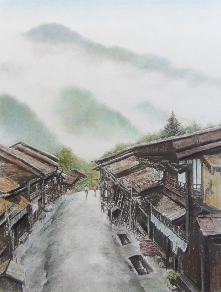 ◎色鉛筆での塗り絵･宅配80サイズ･風景画 田園風景 絵画 (208×265)色鉛筆画, 美術品, 絵画, 鉛筆画, 木炭画