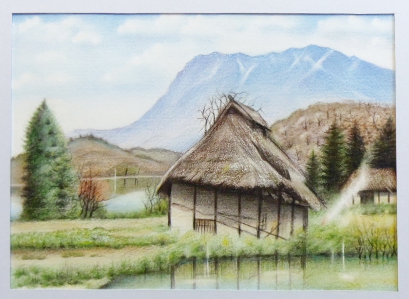 Colored pencil drawing/Home delivery 80 size/Landscape painting Rural landscape Landscape with thatched roof Nagano Prefecture (155×215) Painting, artwork, painting, pencil drawing, charcoal drawing