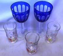 (0730)　色被せ　切子　ワイングラス　青　２客　　ビアグラス　３客セット　　ワイングラス　高さ 19.5㎝　口径 9㎝_画像2