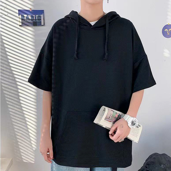 メンズ 半袖 パーカー Tシャツ カットソー フード付き 黒 ゆったり 夏 春