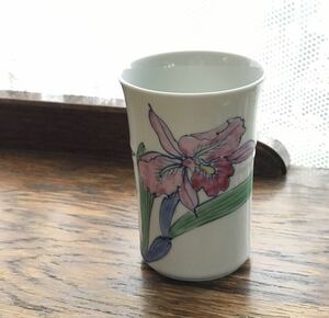 平安瑞光　湯のみ　蘭の花　竹型　京焼　色絵　手書き　筒湯のみ　未使用品