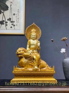 珍品 最高級 文殊菩薩 文殊菩薩像 座像 仏教美術 置物 木彫 仏像