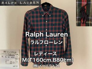 * super-beauty goods *Ralph Lauren( Ralph Lauren ) lady's long sleeve shirt size-M(T160cm.B80cm) green × red outdoor ( stock ) impact 21