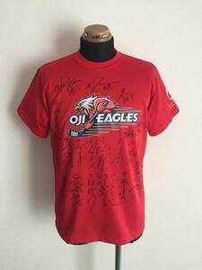 【OJI EAGLES】Tシャツ サイズM 選手直筆サイン入り アイスホッケー 未使用品 ミズノ製 レッド 名門 旧王子イーグルス 送料無料