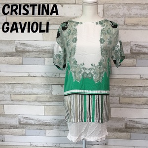 【人気】CRISTINA GAVIOLI/クリスティーナガヴィオリ 総柄半袖ワンピース イタリア製 ホワイトｘグリーン系 サイズ42/A1392