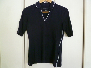 TOMMY HILFIGER/トミーヒルフィガー△紺スキッパー襟ポロシャツカットソーS/P/ネイビー定番半袖トップス△BO71