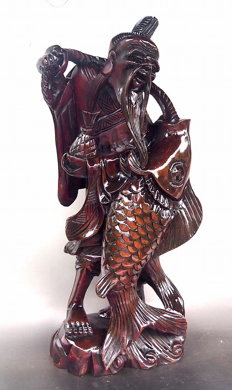 魚釣寿老人魚釣翁仙人木彫中古品縁起物彫刻H57㎝ 縁起物大漁オブジェ