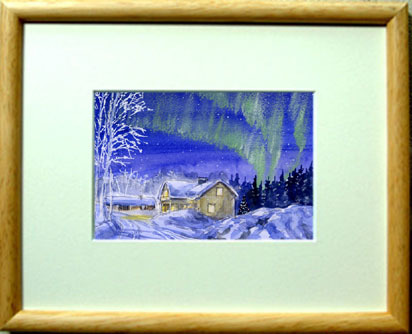 No. 6421 Cabin, frost-covered trees, and aurora /Sweden/Chihiro Tanaka (four seasons watercolor) painting/Gift included, painting, watercolor, Nature, Landscape painting