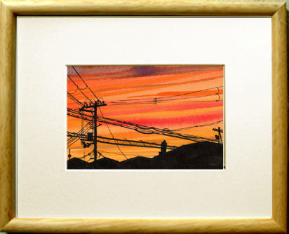 No. 7707 Telephone Pole at Dusk / Chihiro Tanaka (Four Seasons Watercolor) / Comes with a gift, Painting, watercolor, Nature, Landscape painting