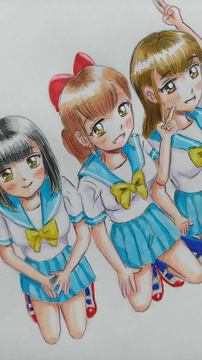 B5 手描きイラスト セーラー服の三人の女の子, コミック, アニメグッズ, 手描きイラスト