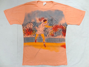 ビンテージ CAMPUS エクスプレッション 希少 60S ポリ レーヨン テニス イラスト プリント オレンジ ピンク Tシャツ デッドストック レア 