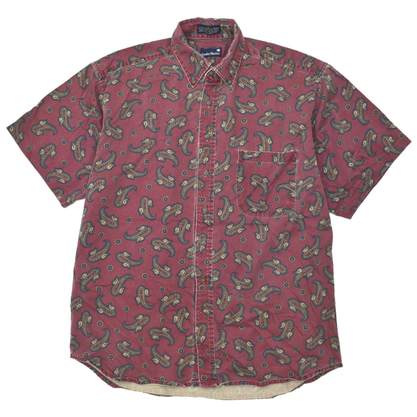 90s Stanley Blacker ペイズリー シャツ コットン 半袖 総柄 バーガンディ メンズ L 古着 ビンテージ VINTAGE