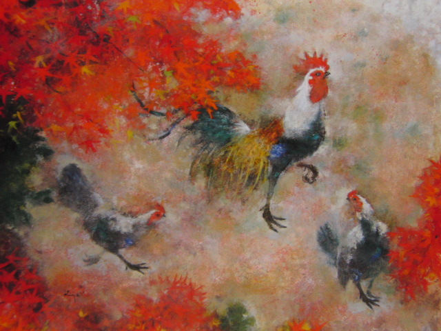 Keiichi Kiyohara, [Hühner spielen mit Herbstblättern], Aus einer seltenen Sammlung von Rahmenkunst, In guter Kondition, Neuer Rahmen mit Rahmen, Kostenloser Versand, Malerei, Ölgemälde, Natur, Landschaftsmalerei