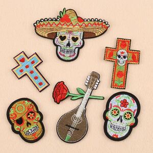 メキシカン ワッペン スカル 十字架 メキシコ メキシカンスカル 刺繍ワッペン アイロンワッペン ハンドメイド