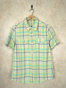 gai Gin meido short sleeves gauze shirt * men's M size / yellow check / yellow color / light blue / cotton /GAIJIN MADE/ Hollywood Ranch Market / American Casual 