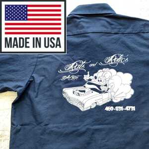 A242-半袖 ワーク ウェア M サイズ 刺繍 ワッペン ラット フィンク シャツ アメリカ 製 古着 MADE IN USA バック プリント レア ビンテージ
