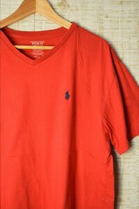 ☆US古着 POLO Ralph Lauren ラルフローレン Vネック Tシャツ ポニーロゴ刺繍 レッドオレンジ赤系【L】コットン　　　　　◆3092◆