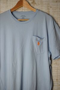 ☆US古着 POLO Ralph Lauren ラルフローレン Tシャツ ポニーロゴ刺繍 ポケット付 水色サックスブルー【M】コットン　　　　　◆3095◆