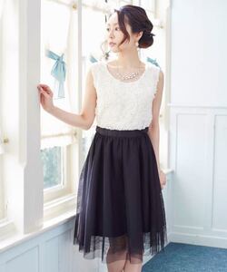 フラワーレース チュールノースリーブ フレアドレスワンピース 大人可愛い お花 立体 結婚式 パーティー アイボリー ホワイト S