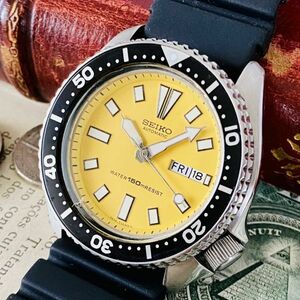 【高級時計 セイコー】seiko ダイバーズ 6309-7290 86年製 黄 MOD 防水 自動巻き メンズ レディース ビンテージ アナログ 腕時計