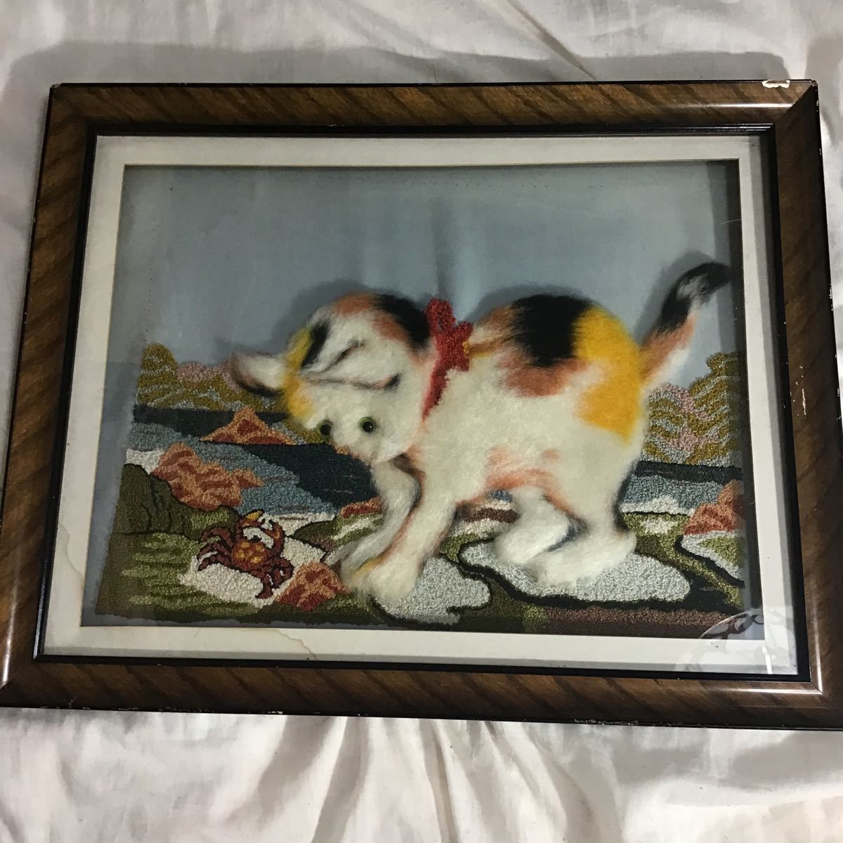 Handicraft art Authentic work Over 500 yen 10% bonus Frame height 39.5 width 49.5 thickness 4cm Made of cat cotton Three-dimensional crab landscape embroidery Handmade Frame multiple scratches No laces Conditional shipping change possible 100, artwork, painting, Hirie, Kirie