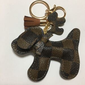 新品PUレザー犬のキーホルダー(耳あり)/ブラウンフラワー/キーリング/チャーム/キーチェーン