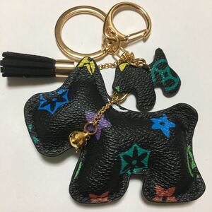 新品PUレザー犬のキーホルダー/ブラックフラワー/キーリング/チャーム/キーチェーン