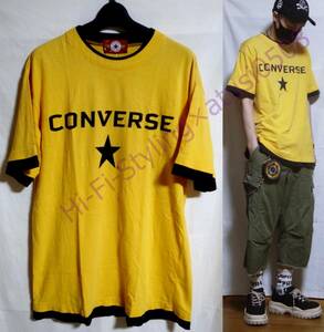 90s CONVERSE ビンテージ 古着 Tシャツ レイヤードデザイン L イエロー ブラック 黒 黄色 コンバース ヴィンテージ コンズ