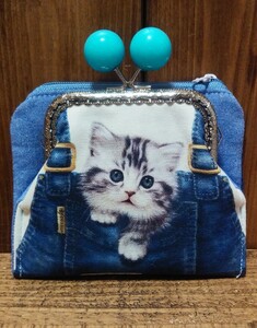 アッシュデザイン がま口付きファスナーポーチ サロペット猫 アメショー