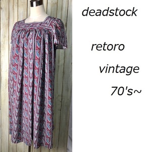 deadstock 70s ペイズリー柄 シフォン チュニックフレアワンピース エンジ オールド ヴィンテージ 春夏 ベルト付　昭和レトロ古着　★95