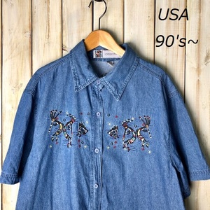 sh●249 USA古着 90s～ ラスタカラー民族刺繍 ダンガリーデニムシャツ L(XL～) オールド ヴィンテージ アメリカ古着 アフリカン エスニック