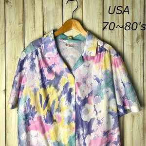 sh*265 USA old clothes 70s~80s colorful hand dyeing manner . collar shirt cut and sewn L degree Old Vintage America old clothes poly- shirt open color 