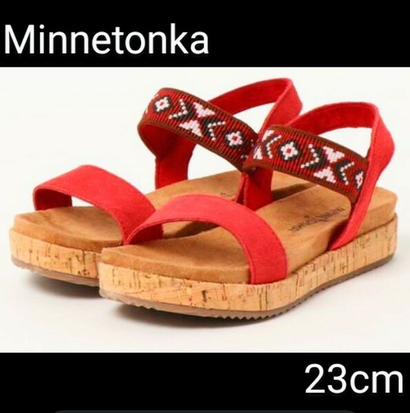 【ミネトンカ/MINNETONKA】ストラップサンダル,23cm,赤,ネイティブ柄,コルク/快適な履き心地♪/定価13,750円