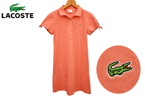 Y-2359★送料無料★美品★LACOSTE ラコステ★日本製 ワニロゴ刺繍 オレンジ ストレッチ素材 鹿の子 半袖 ミニ ポロワンピース 42