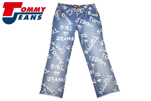 K-2817★超美品★tommy jeans トミーヒルフィガー★激レア貴重 ロゴ総プリント ヴィンテージ加工デニム 裾カットオフ ストレートジーンズ 7