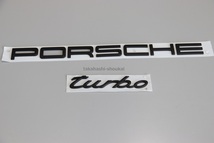 #○新品【ポルシェ純正】リアマットブラックエンブレム【PORSCHE turbo】ポルシェ911 991ターボ 他 マカン カイエン パナメーラなどにも_画像1