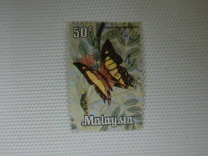 外国切手 使用済 単片 マレーシアの蝶切手 ⑬ オビモンフタオチョウ Polyura athamas (タテハチョウ科)