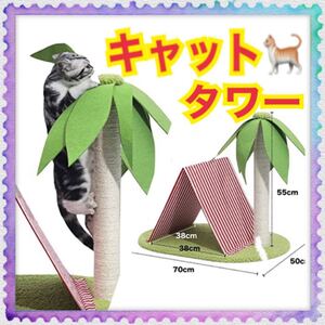 キャットタワー キャットハウス テント 猫爪とぎ 安定性 頑丈耐久 組立簡単 ストレス解消 (テントハウス&ヤシの木タワー)